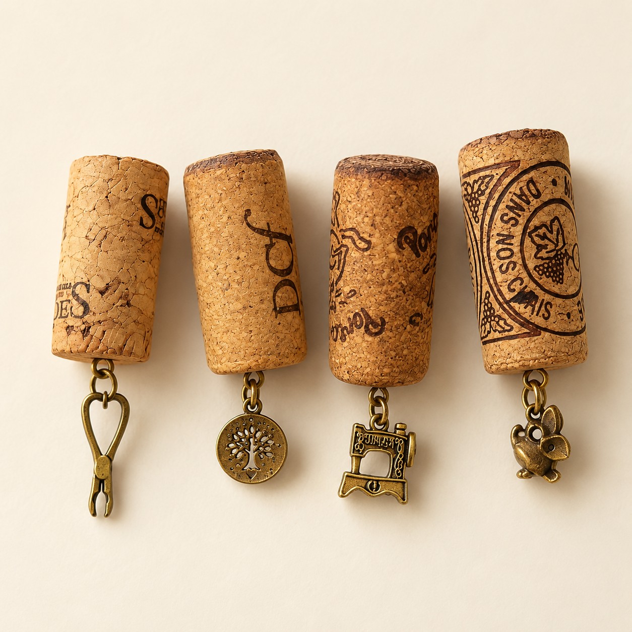 Illustrative mockup of four wine cork magnets with decorative brass charms